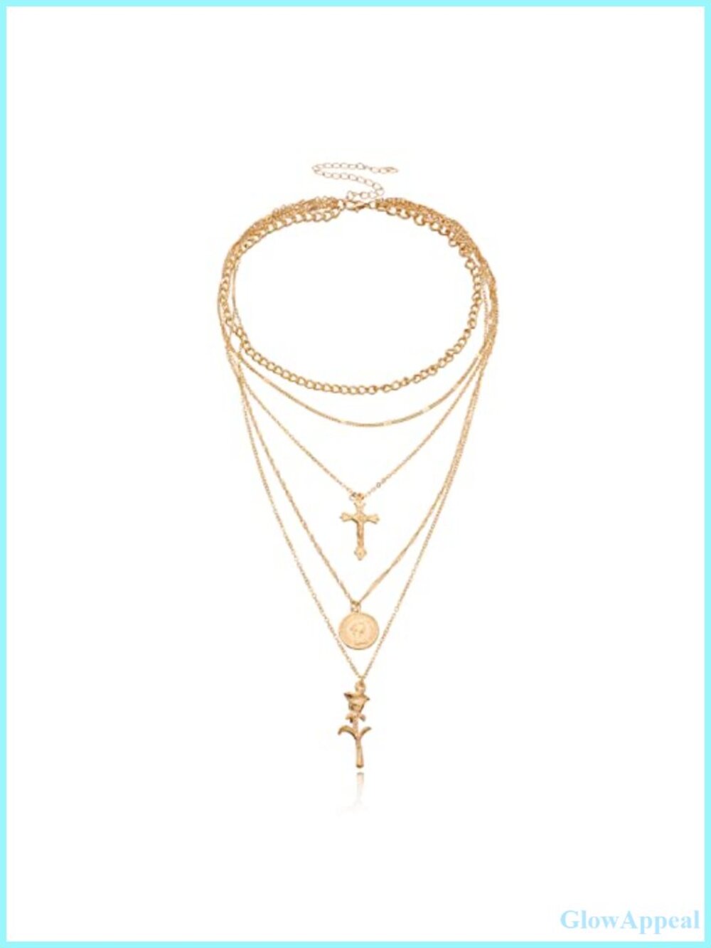 PLOUTOS Five Layer Chain Necklace Set Cross Coin Rose Layered Choker Adjustable